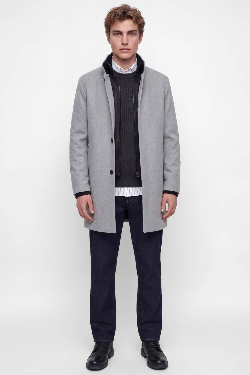 Grijze heren JACK & JONES ESSENTIALS wintermantel van wol met effen, lange mouwen, opstaande kraag en rits- en knoopsluiting