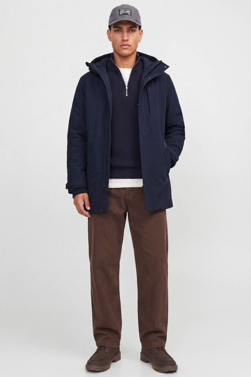 Donkerblauwe heren JACK & JONES ESSENTIALS winterparka van polyester met effen, lange mouwen, capuchon en rits- en drukknoopsluiting