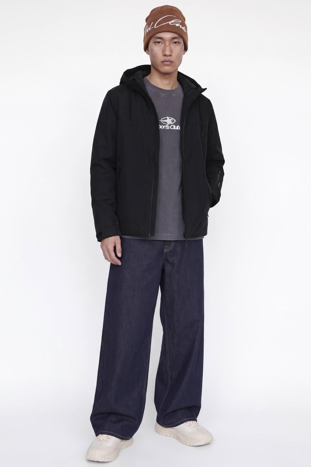 Zwarte heren JACK & JONES CORE winterjas van polyester met effen, lange mouwen, capuchon en ritssluiting