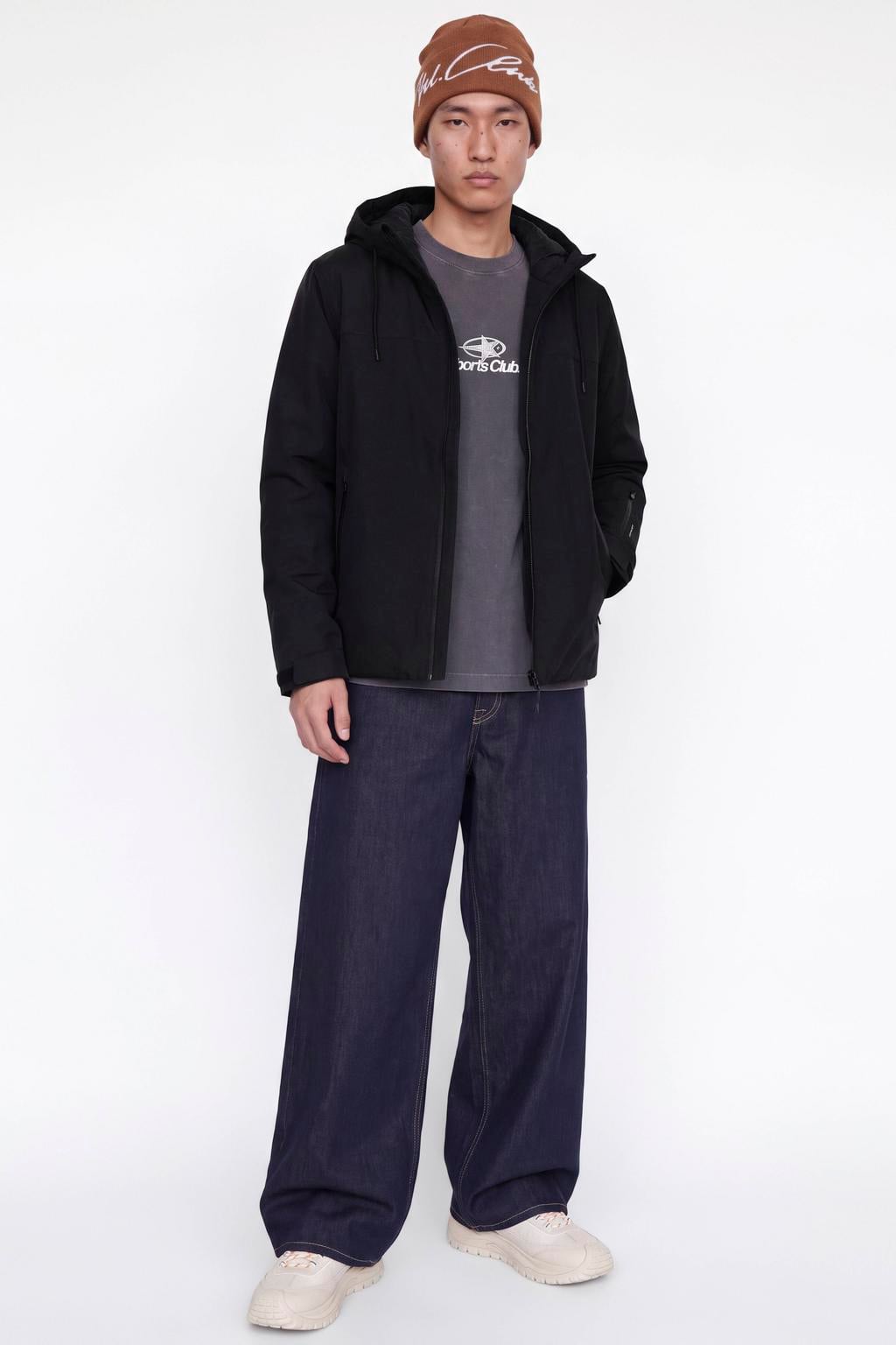 Zwarte heren JACK & JONES CORE winterjas van polyester met effen, lange mouwen, capuchon en ritssluiting