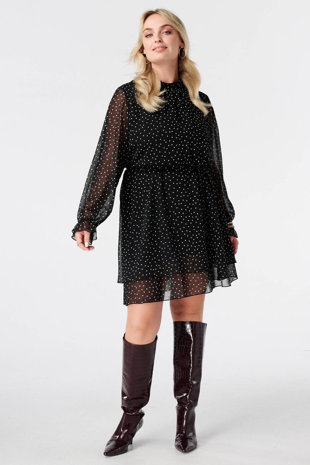 Zwart en witte dames MS Mode korte jurk van polyester met stippenprint en lange mouwen