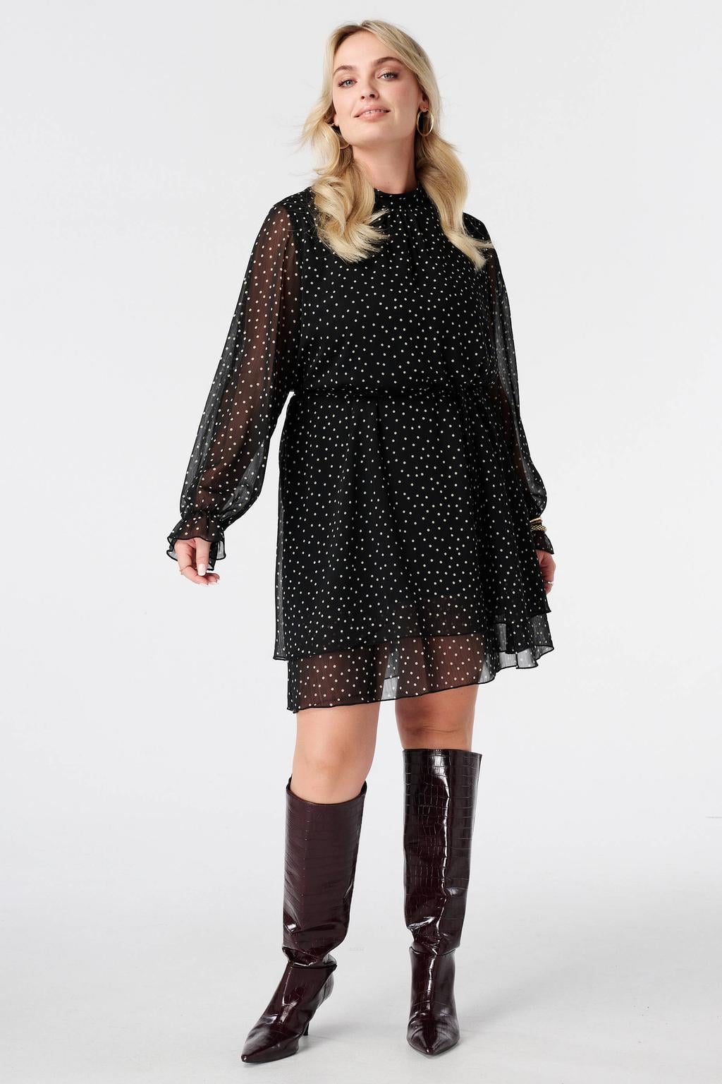 Zwart en witte dames MS Mode korte jurk van polyester met stippenprint en lange mouwen