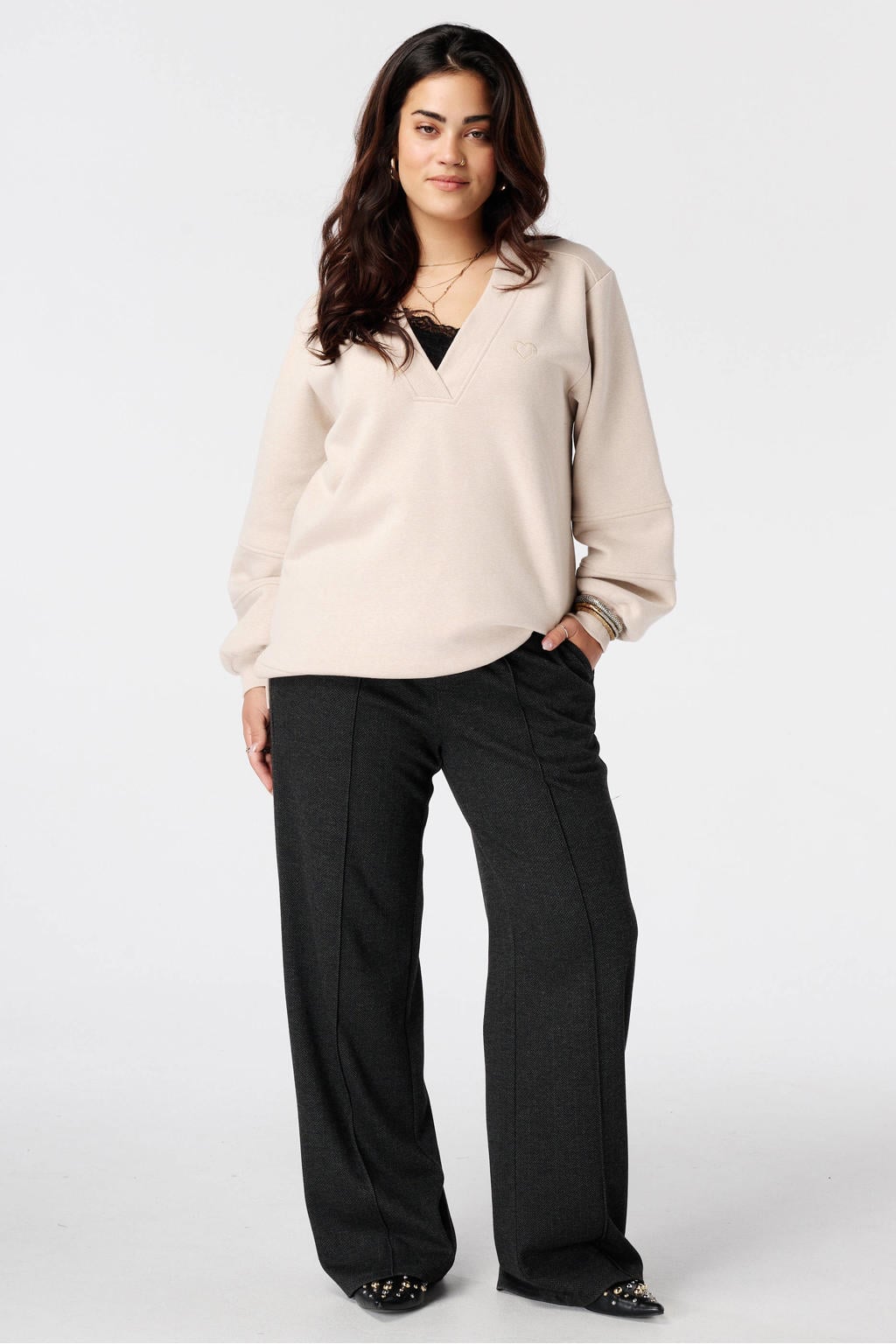 Zandkleurige dames MS Mode Plus Size sweater van polyester met effen en lange mouwen