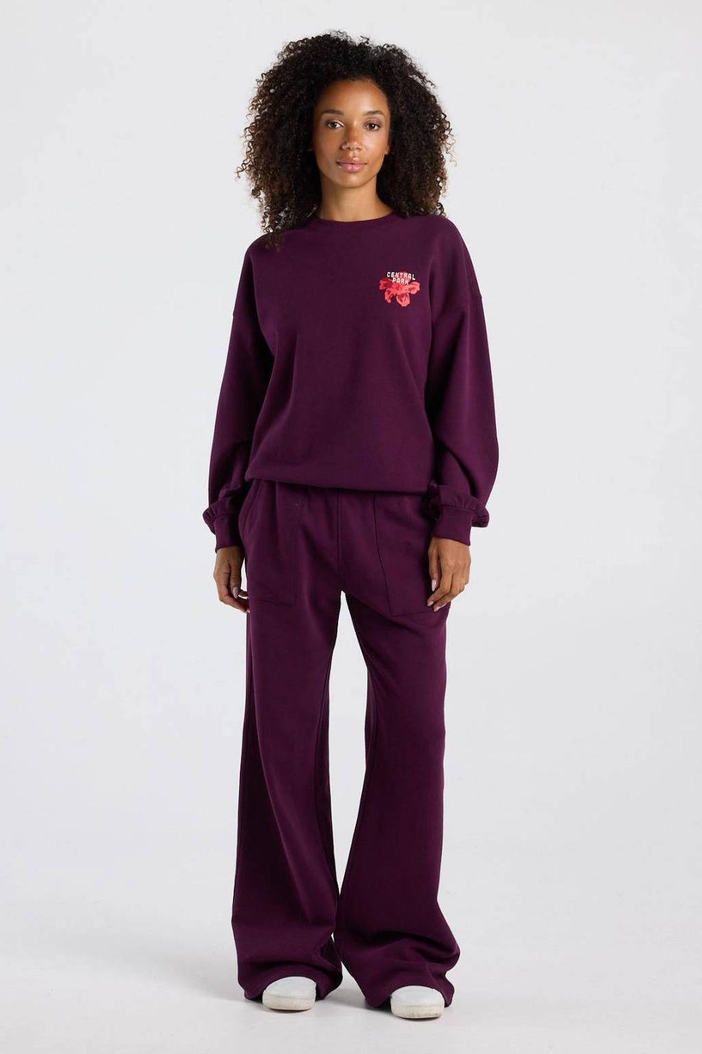 Paarse dames America Today gebloemde sweater met lange mouwen, ronde hals en elastische boord