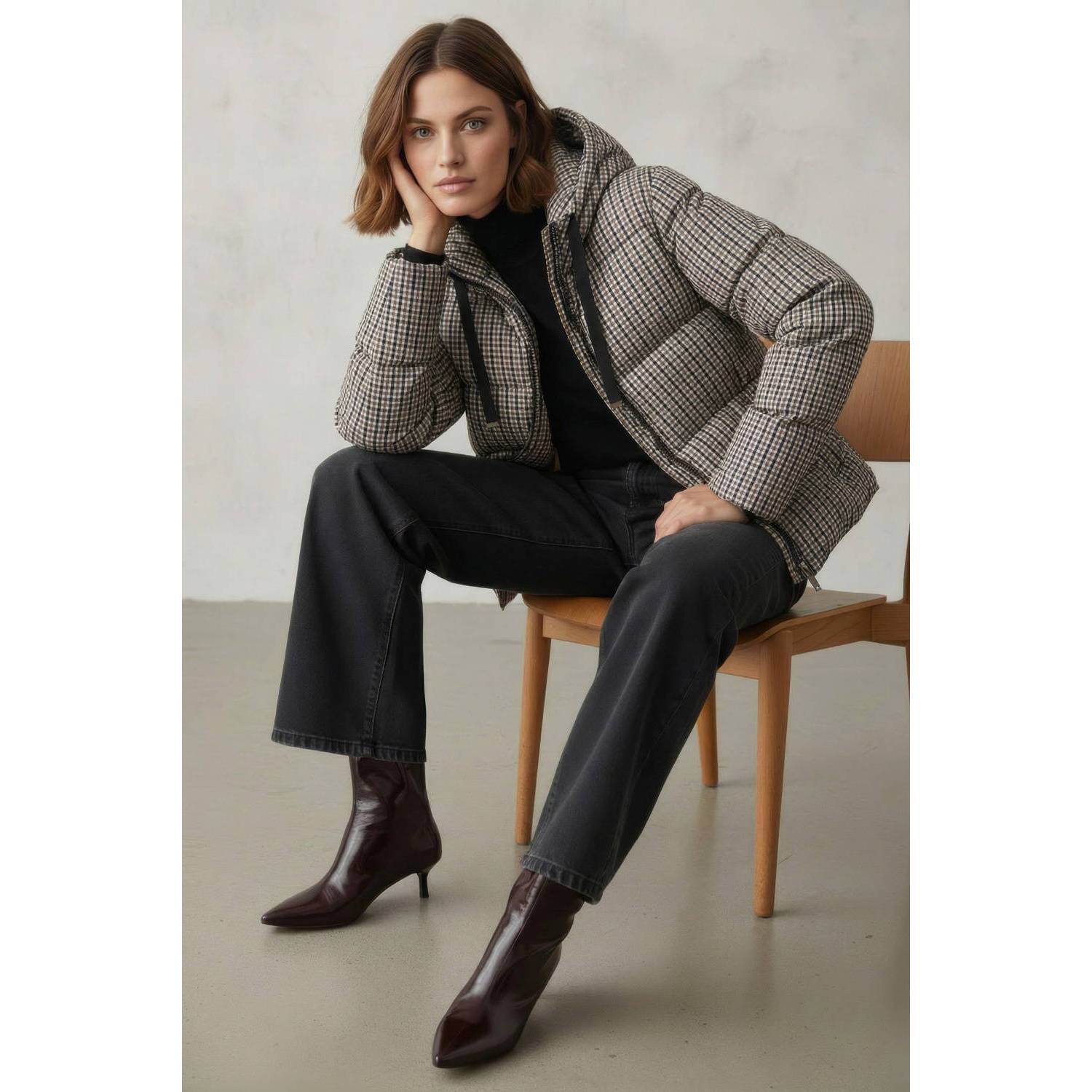 Etage Plus Size geruite winterjas beige
