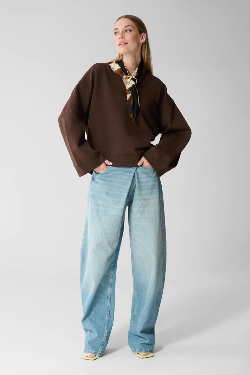 Donkerblauwe dames Shoeby katoenen oversized sweater met lange mouwen en V-hals