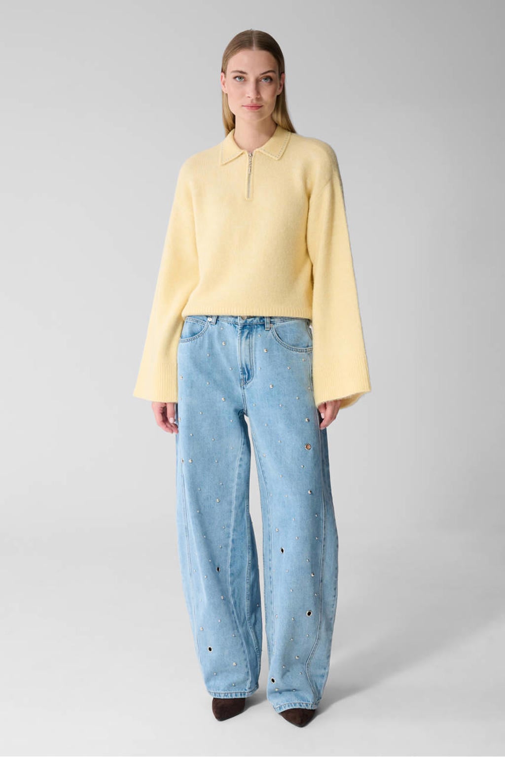 Light blue denim dames Shoeby barrel jeans van denim met high waist, rits- en knoopsluiting en effen