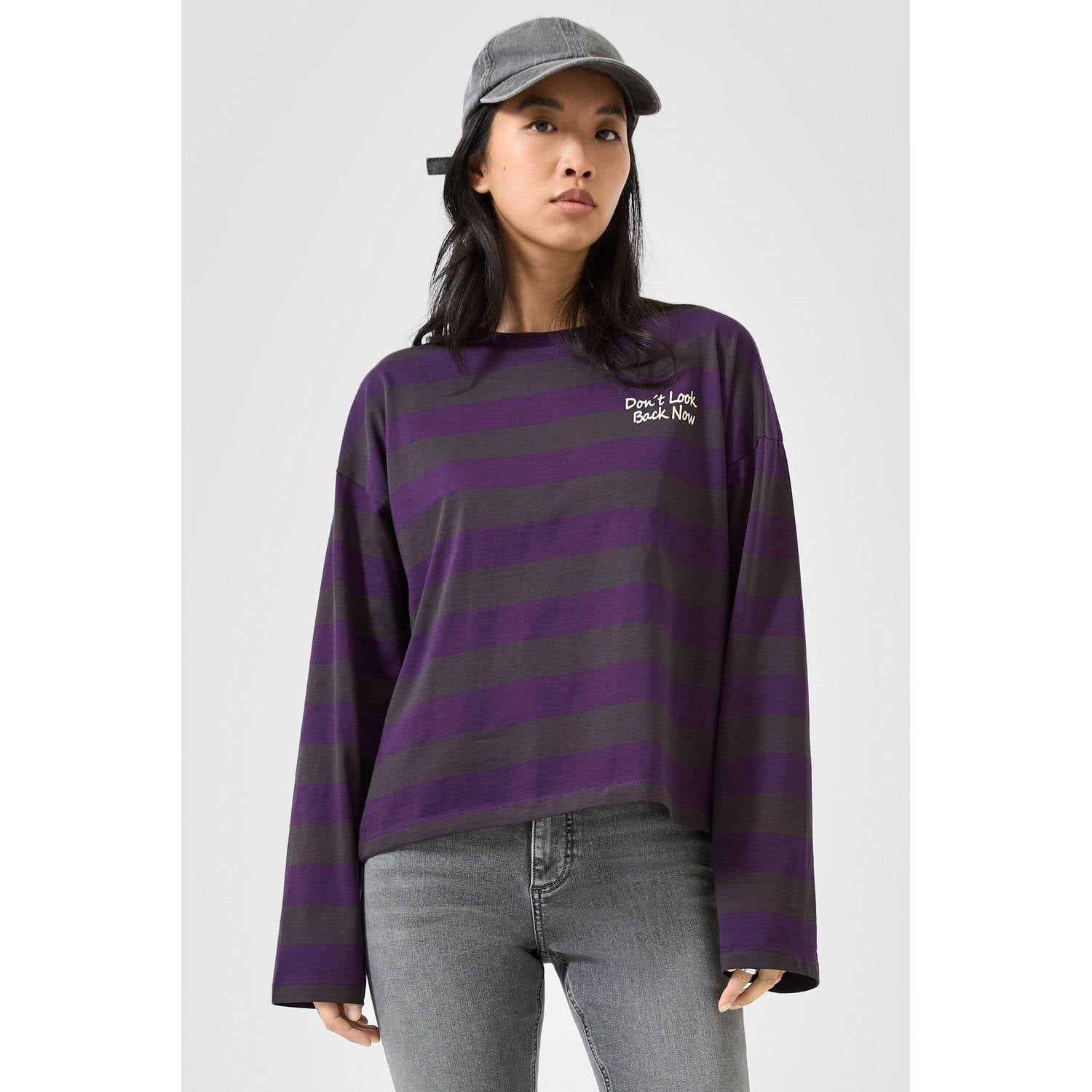 QS gestreepte longsleeve met tekst paars antraciet