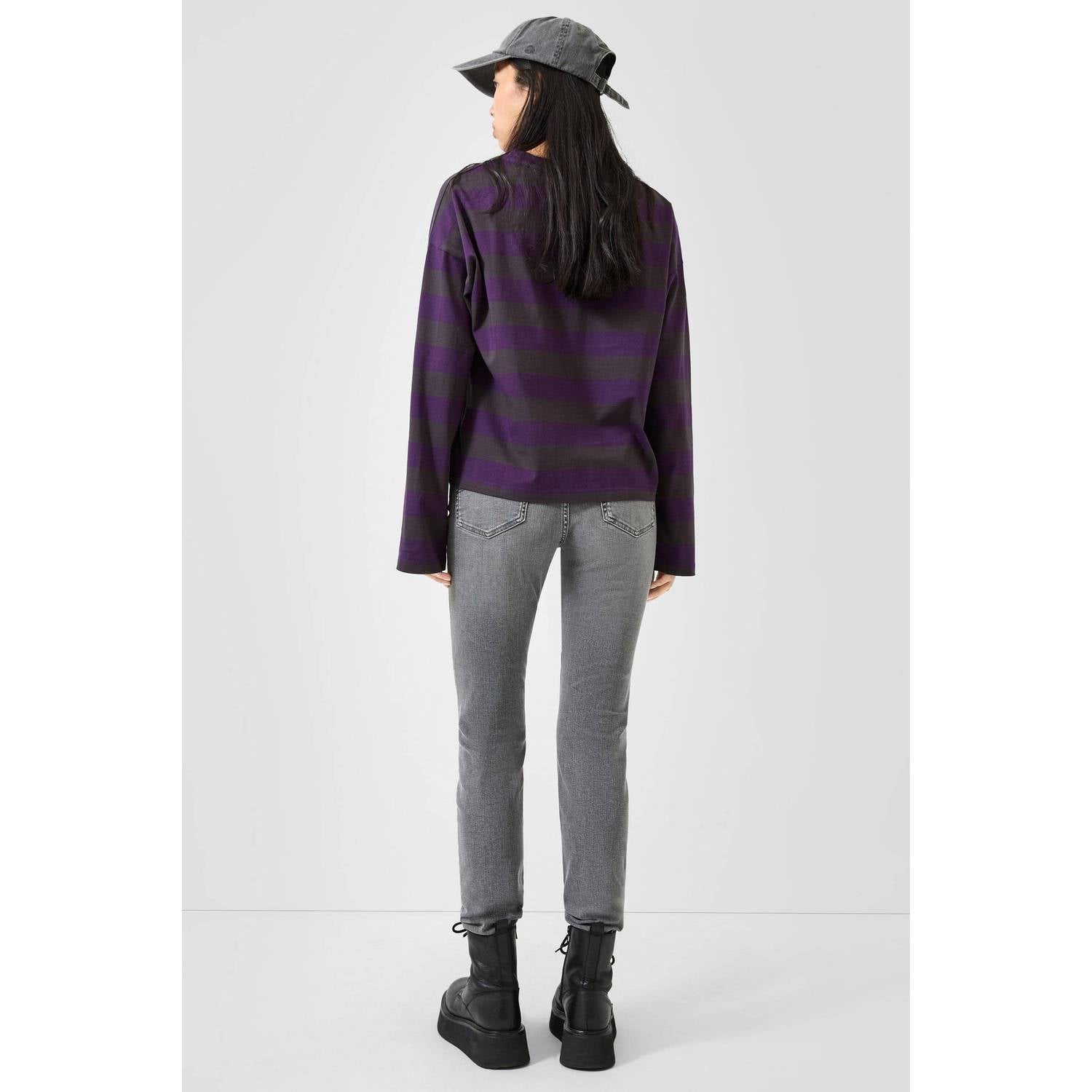 QS gestreepte longsleeve met tekst paars antraciet