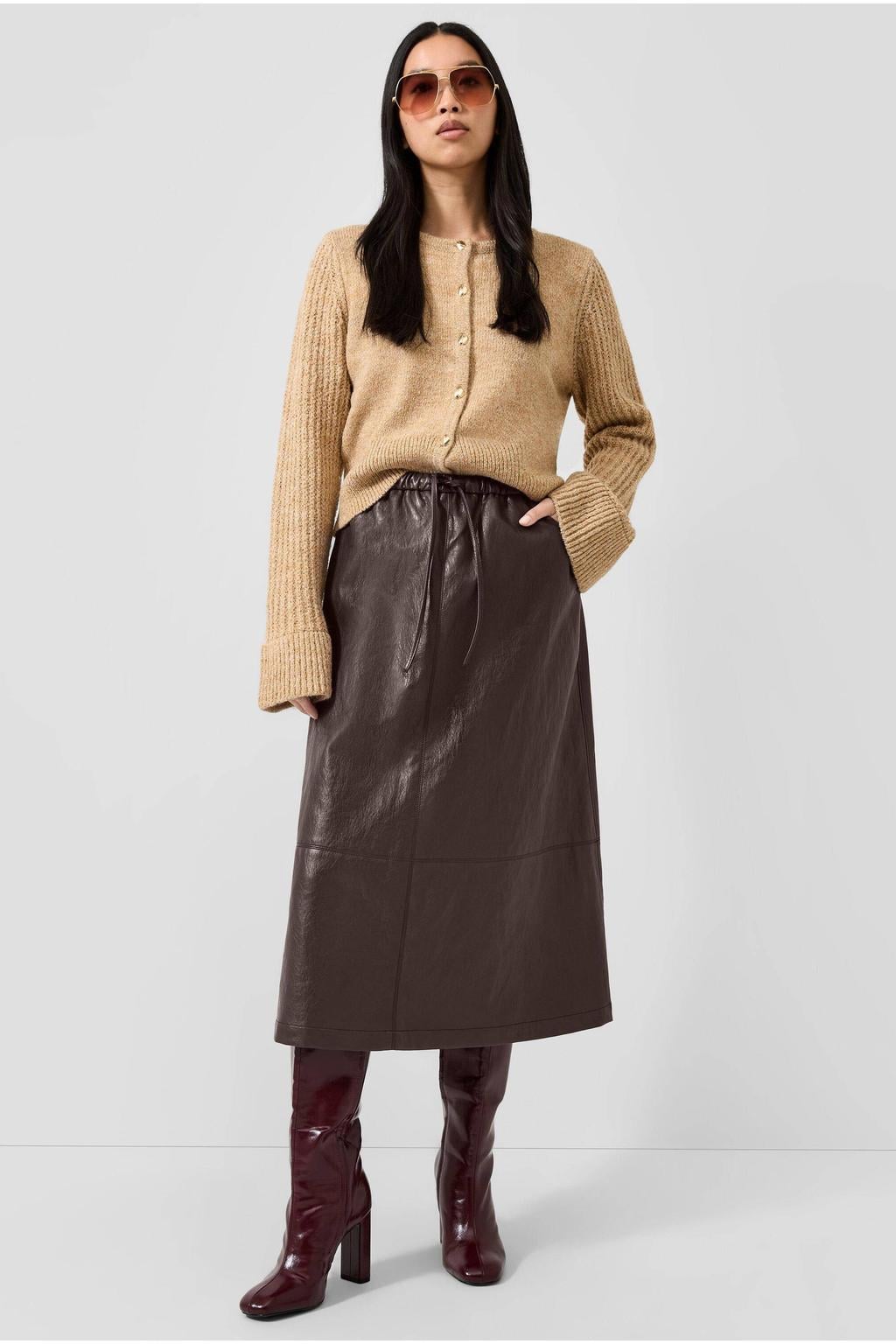 Donkerblauwe dames QS imitatieleren midi rok voorzien van elastische tailleband met koord