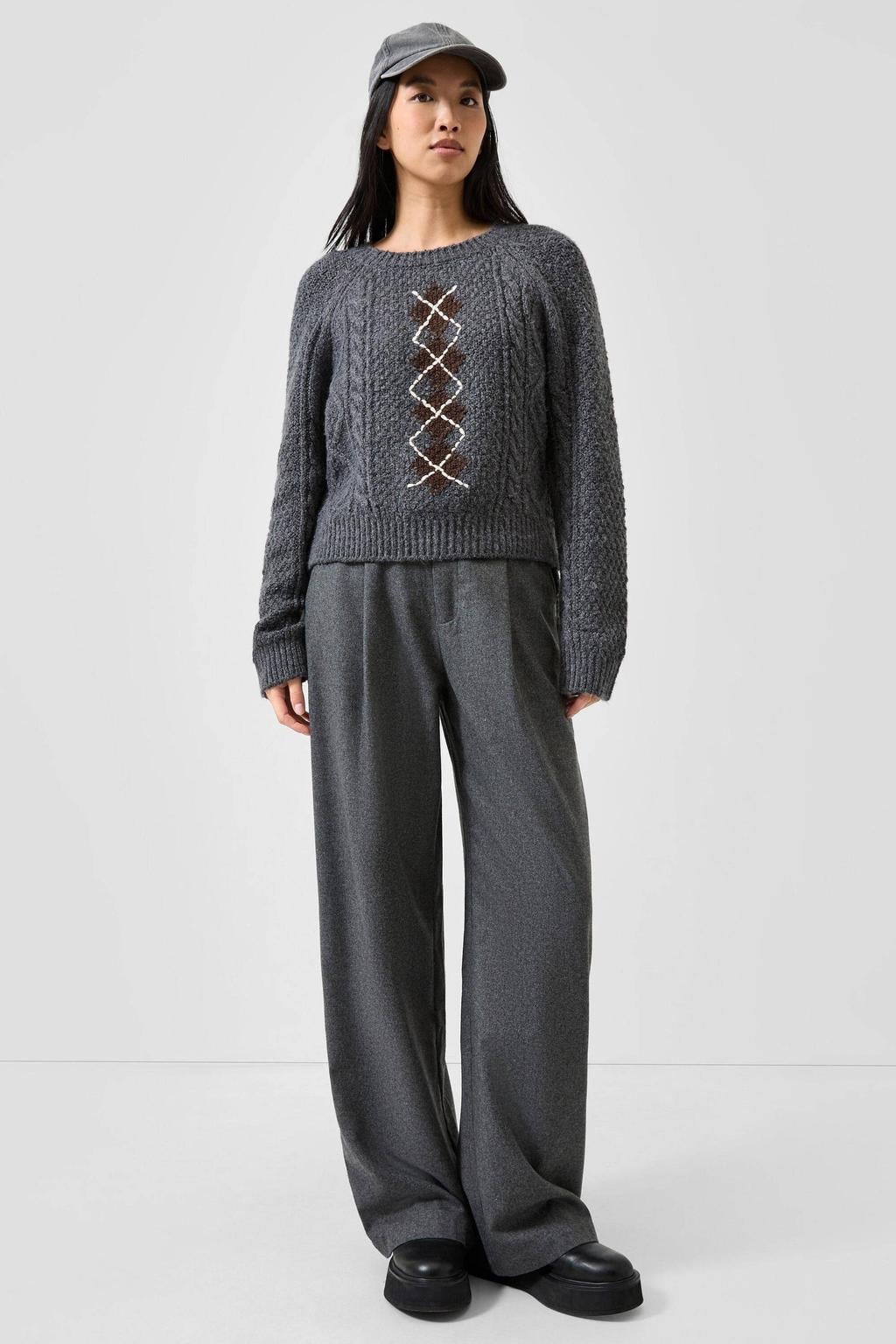 QS wide leg casual broek met wol - antraciet