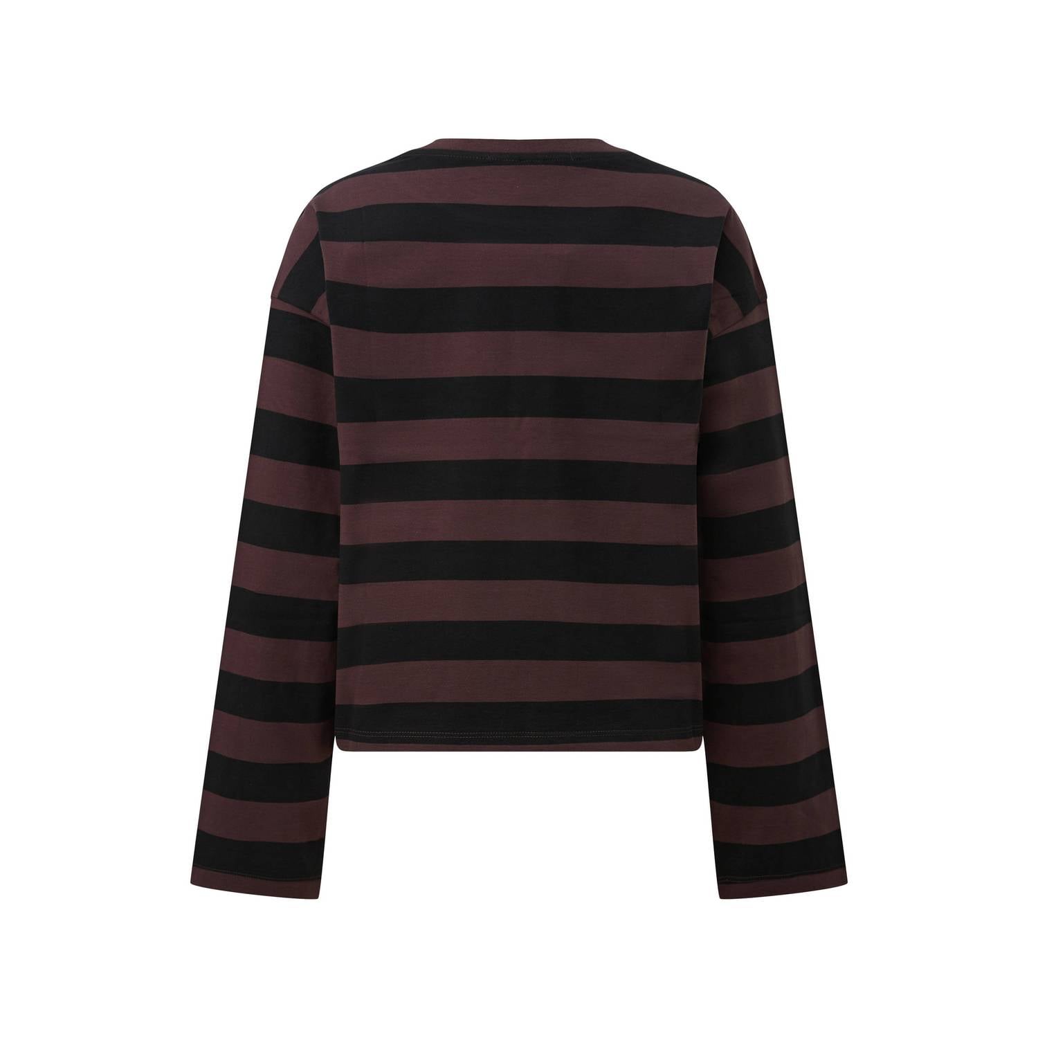 QS gestreepte longsleeve met tekst donkerbruin paars
