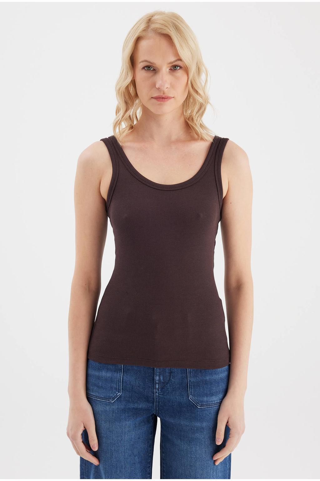Cup of Joe Denim mouwloze top - donkerbruin