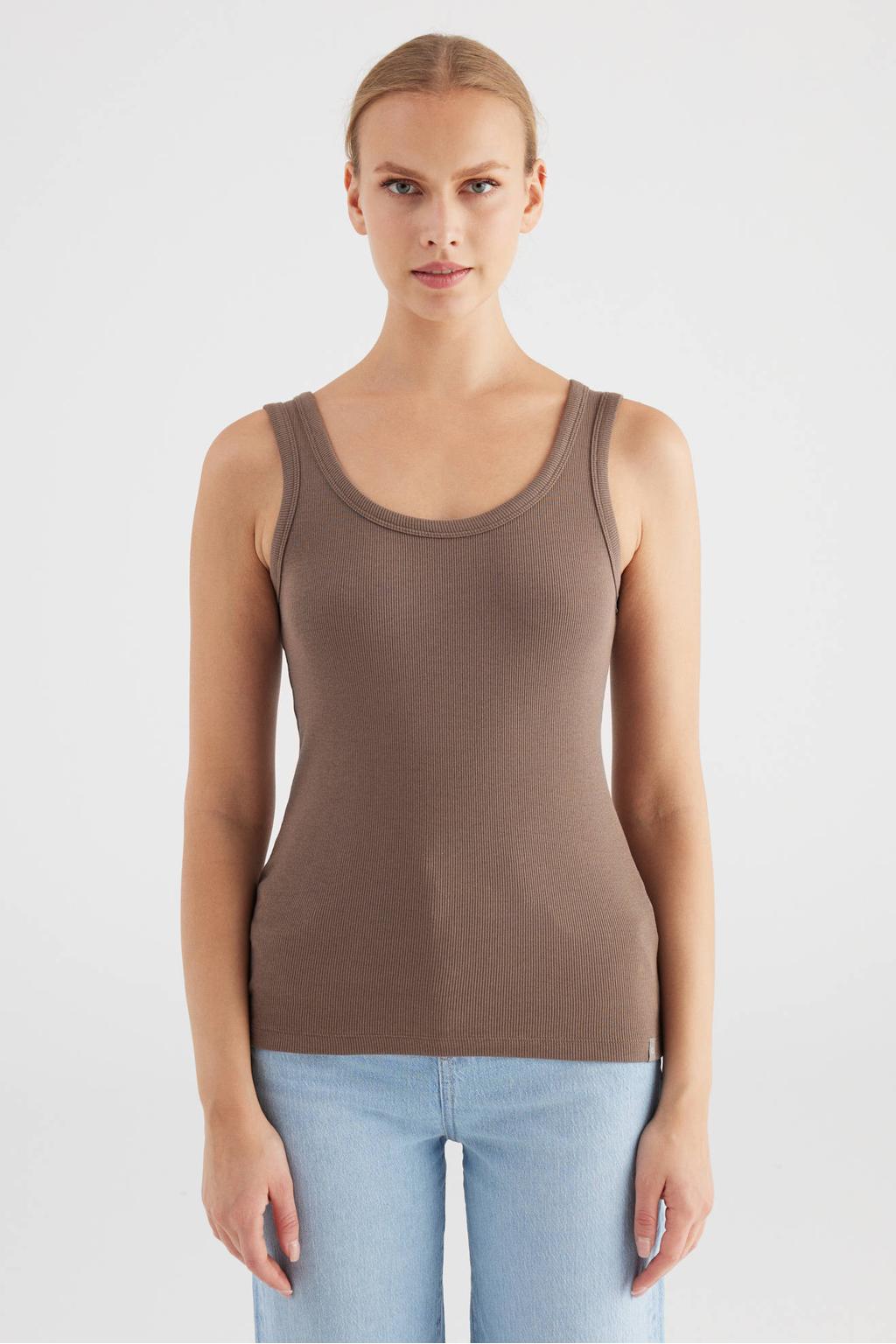 Bruine dames Cup of Joe Denim top met effen en ronde hals
