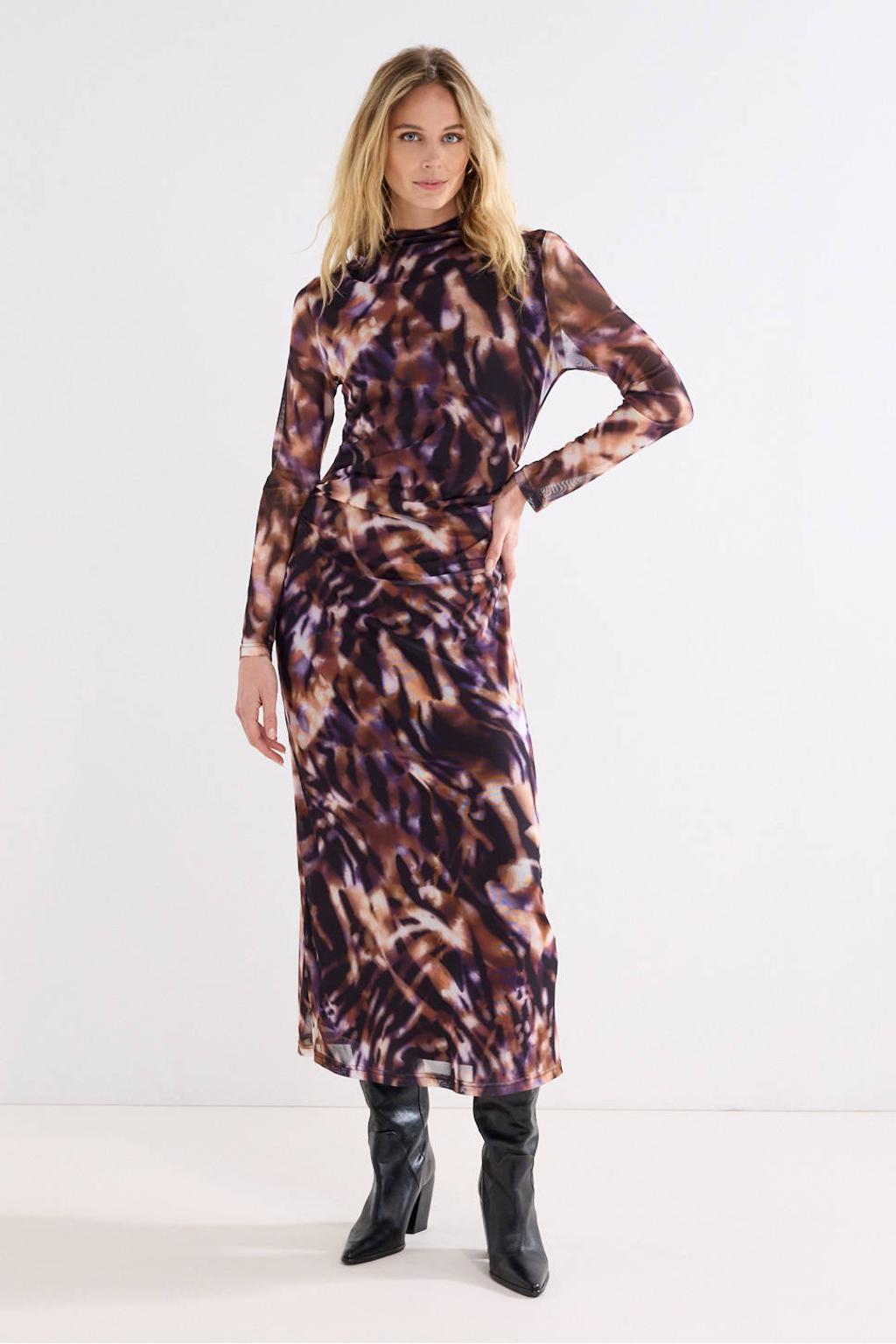 Multikleurige dames Tramontana bodycon jurk van mesh met lange mouwen en opstaande kraag