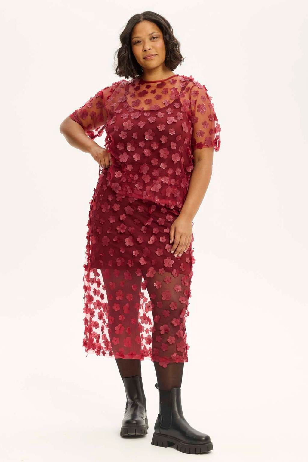 Anyday Plus Size gebloemde midi rok - donkerrood