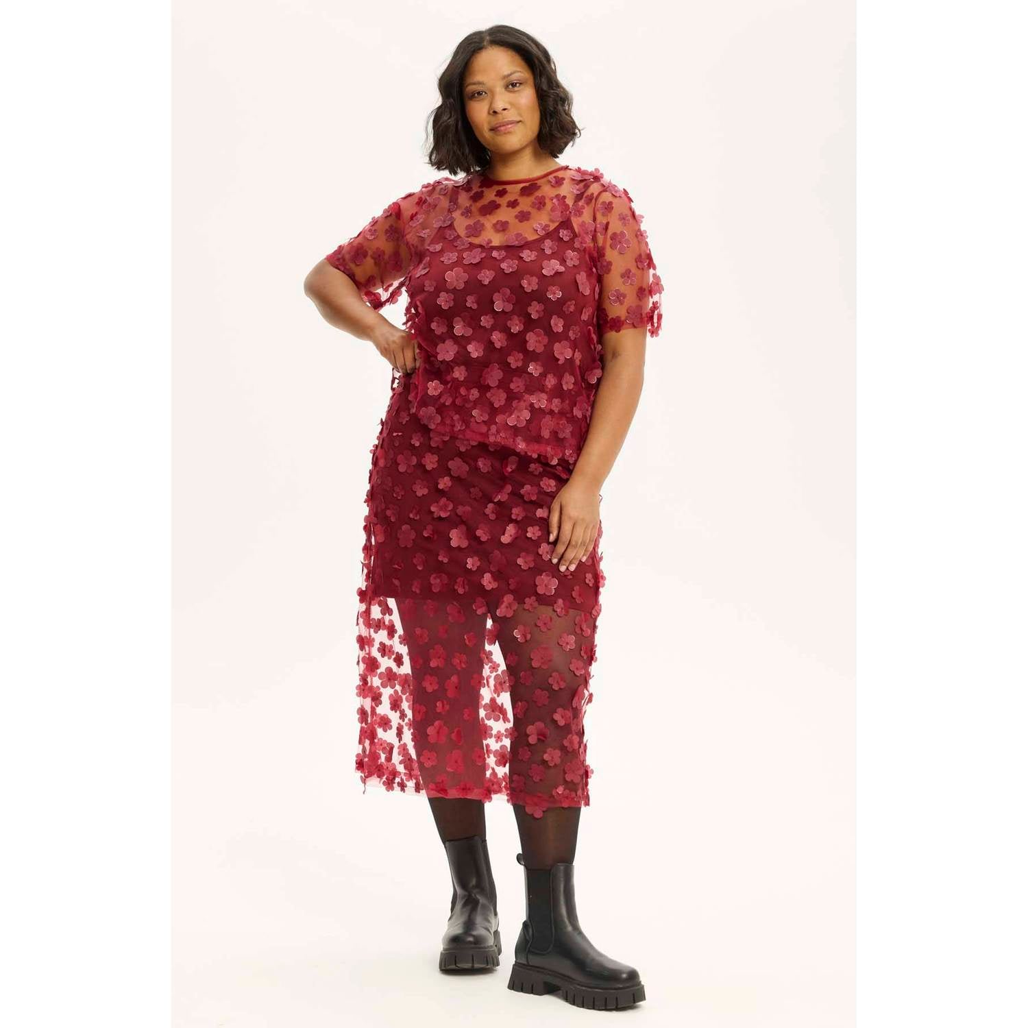 Anyday Plus Size gebloemde midi rok donkerrood