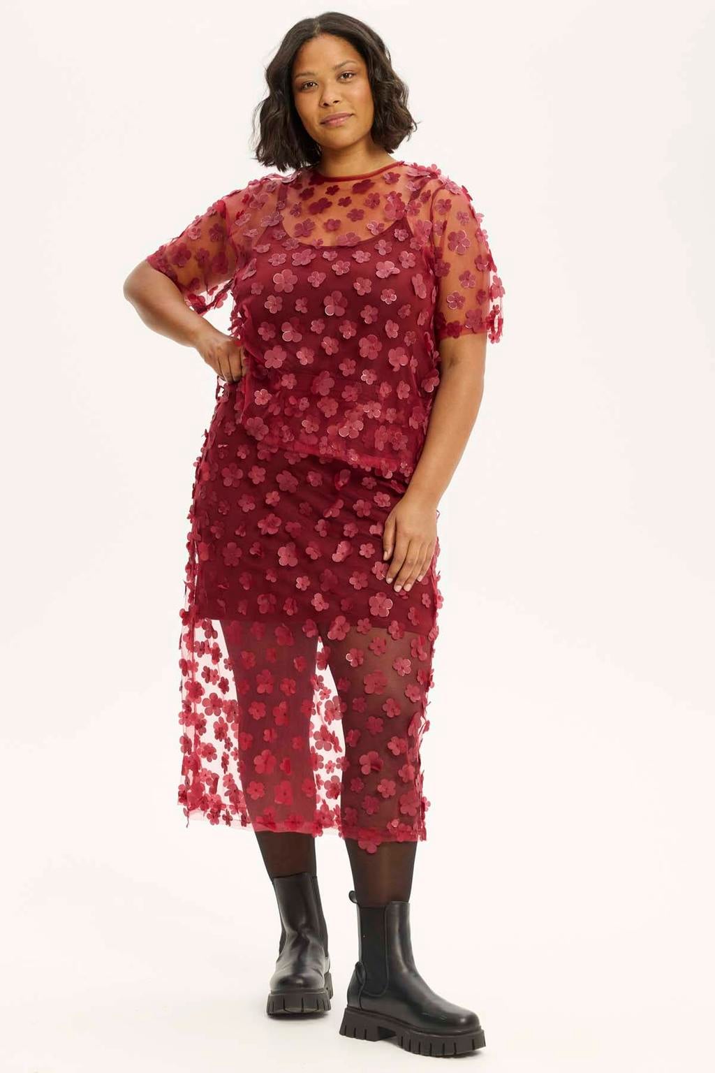 Anyday Plus Size semi-transparante top - donkerrood