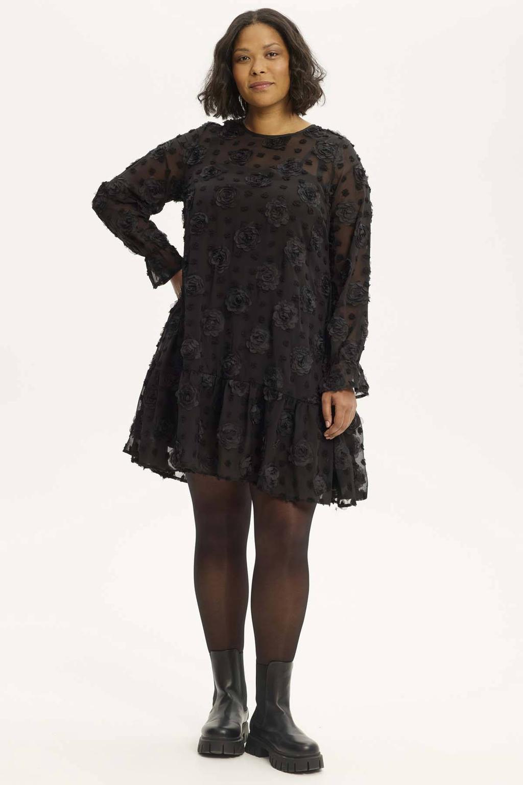 Anyday Plus Size semi-transparante gebloemde korte A-lijn jurk - zwart