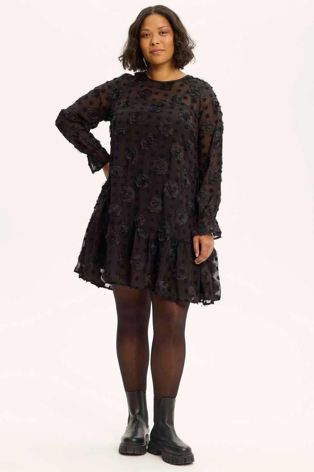 Anyday Plus Size semi-transparante gebloemde korte A-lijn jurk - zwart