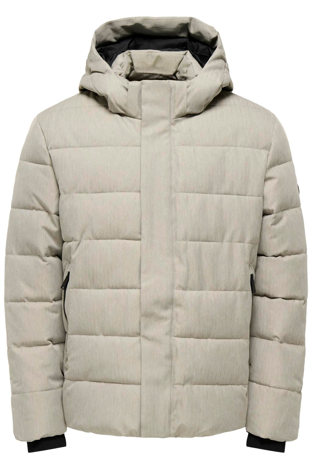 Beige heren ONLY & SONS gewatteerde winterjas van polyester met effen, lange mouwen, capuchon, rits- en drukknoopsluiting en doorgestikte details