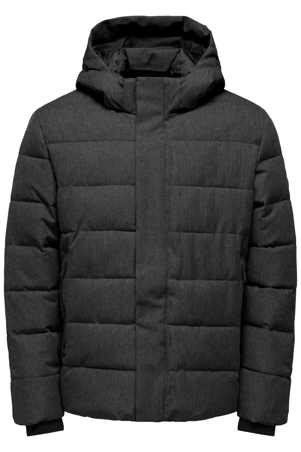 Antraciete heren ONLY & SONS winterjas van polyester met effen, lange mouwen, capuchon, rits- en drukknoopsluiting en doorgestikte details