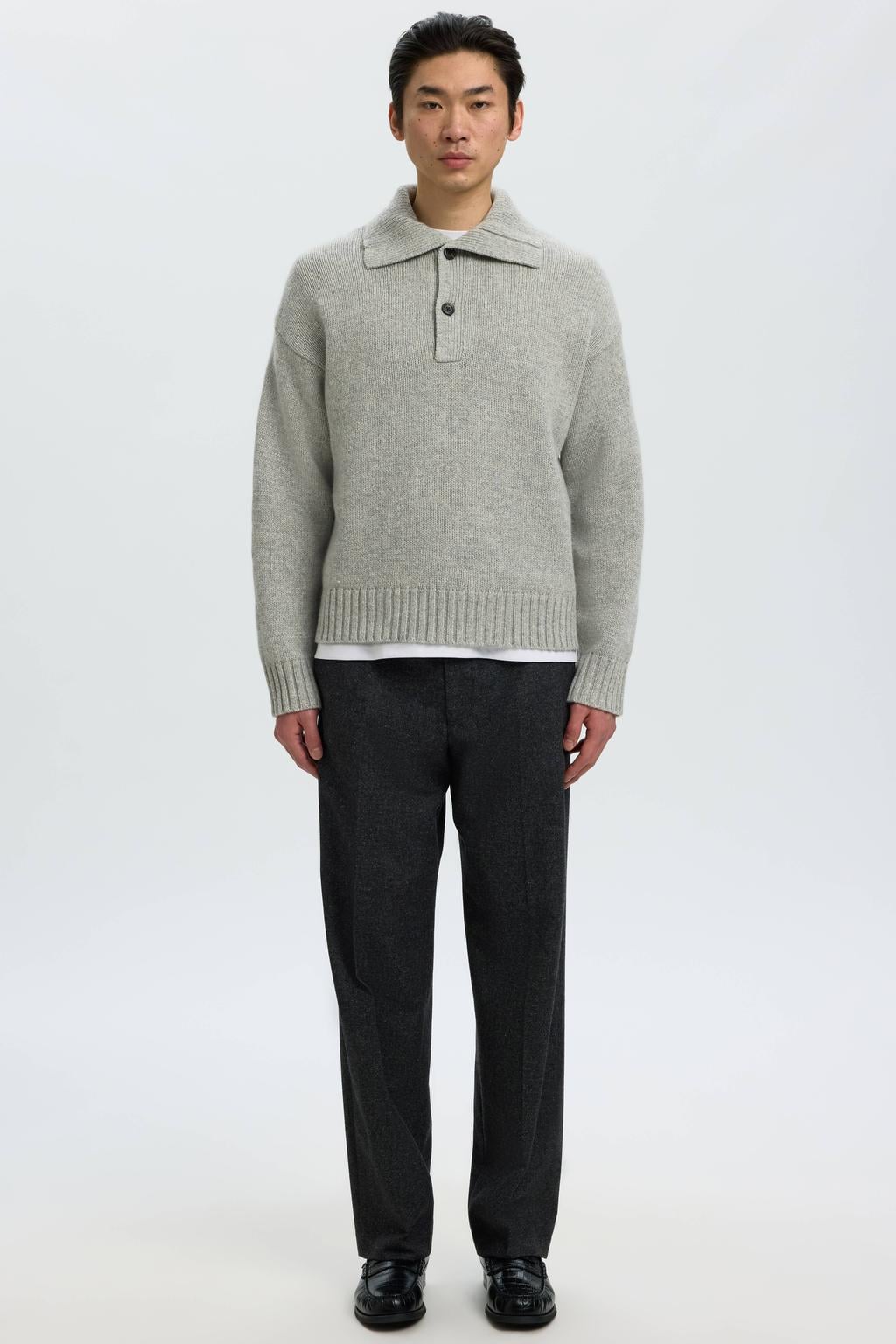 Grijze heren Selected relaxed fit gebreide trui van wol met effen, lange mouwen en polo kraag