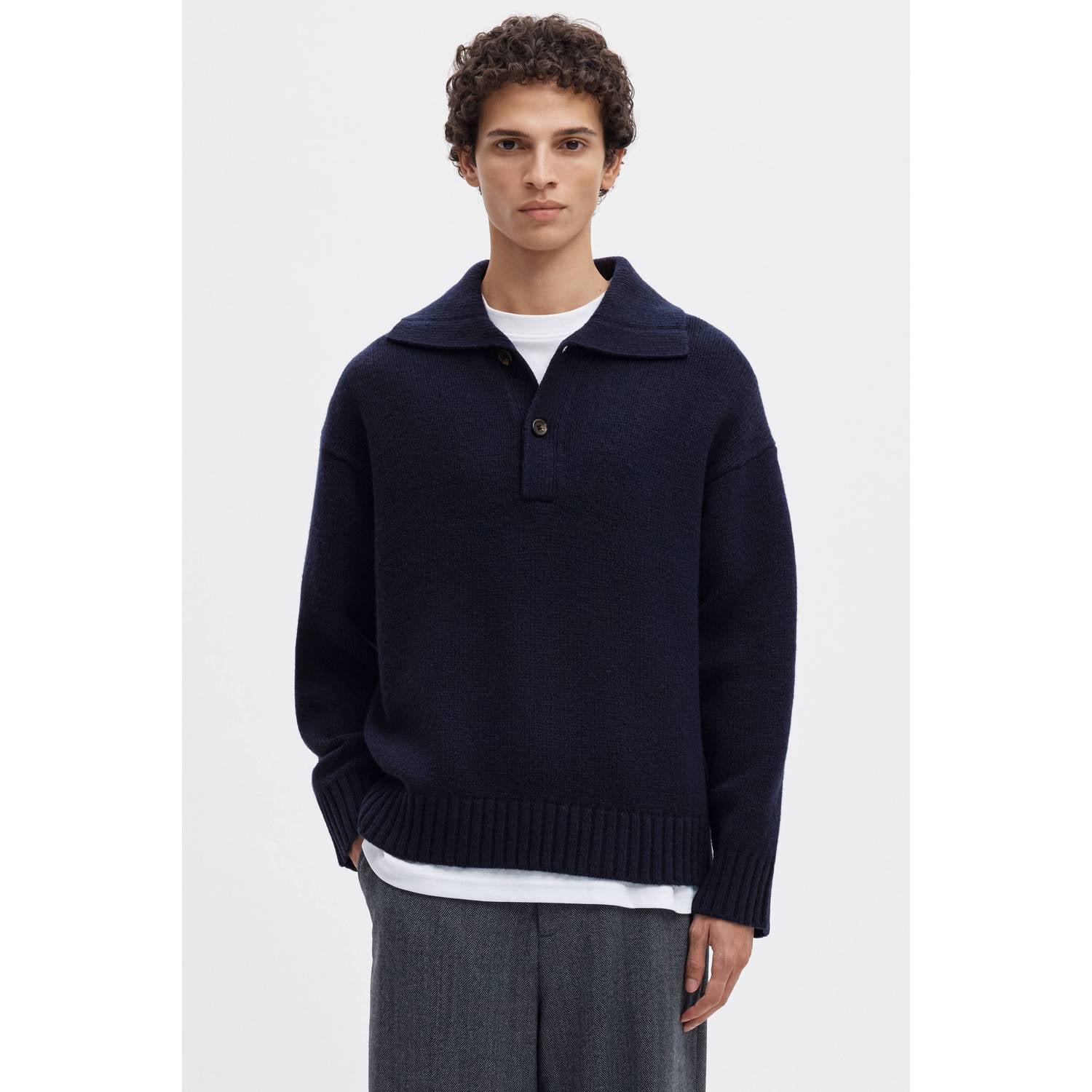 Selected wollen relaxed fit gebreide trui donkerblauw