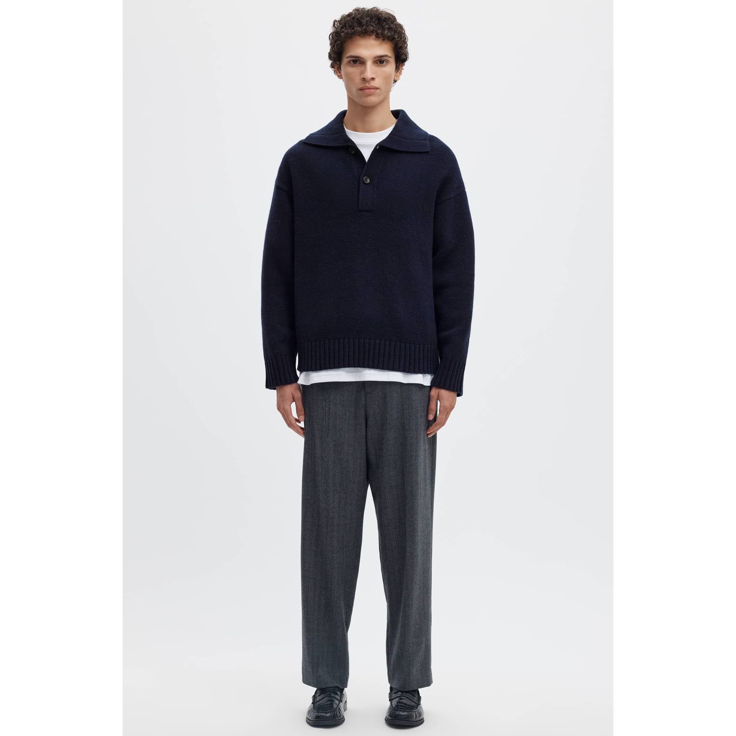 Selected wollen relaxed fit gebreide trui donkerblauw