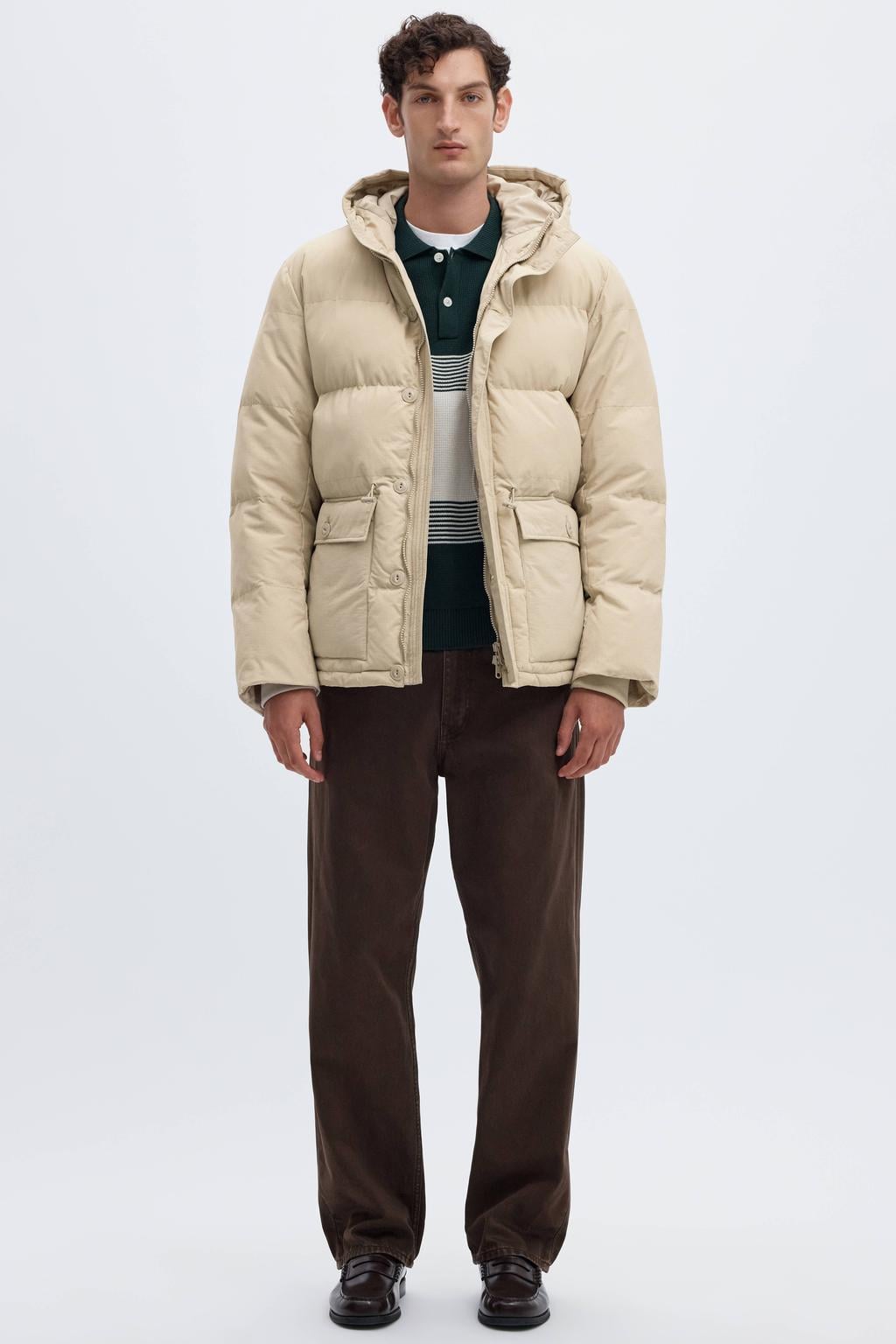 Beige heren Selected pufferjas van katoen met effen, lange mouwen, capuchon, rits- en knoopsluiting en doorgestikte details