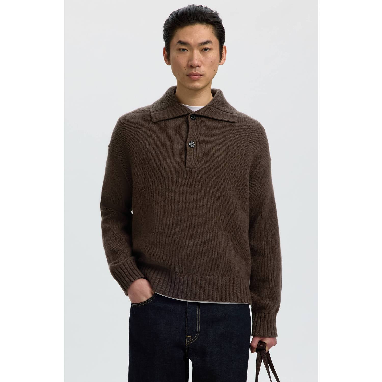 Selected relaxed fit gebreide trui met wol donkerbruin