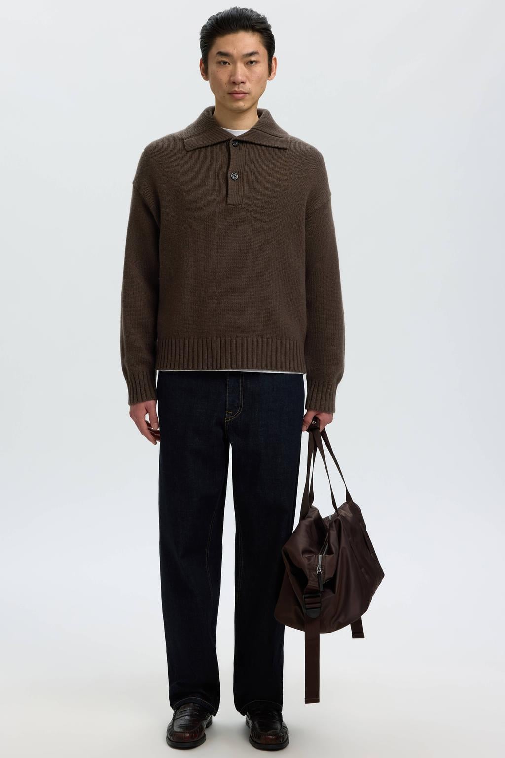 Donkerblauwe heren Selected relaxed fit gebreide trui van wol met effen, lange mouwen en polo kraag
