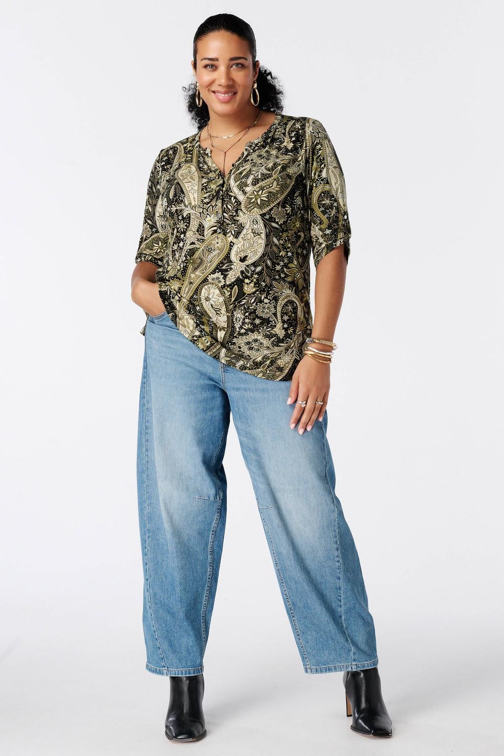 MS Mode top met print - kaki/zwart