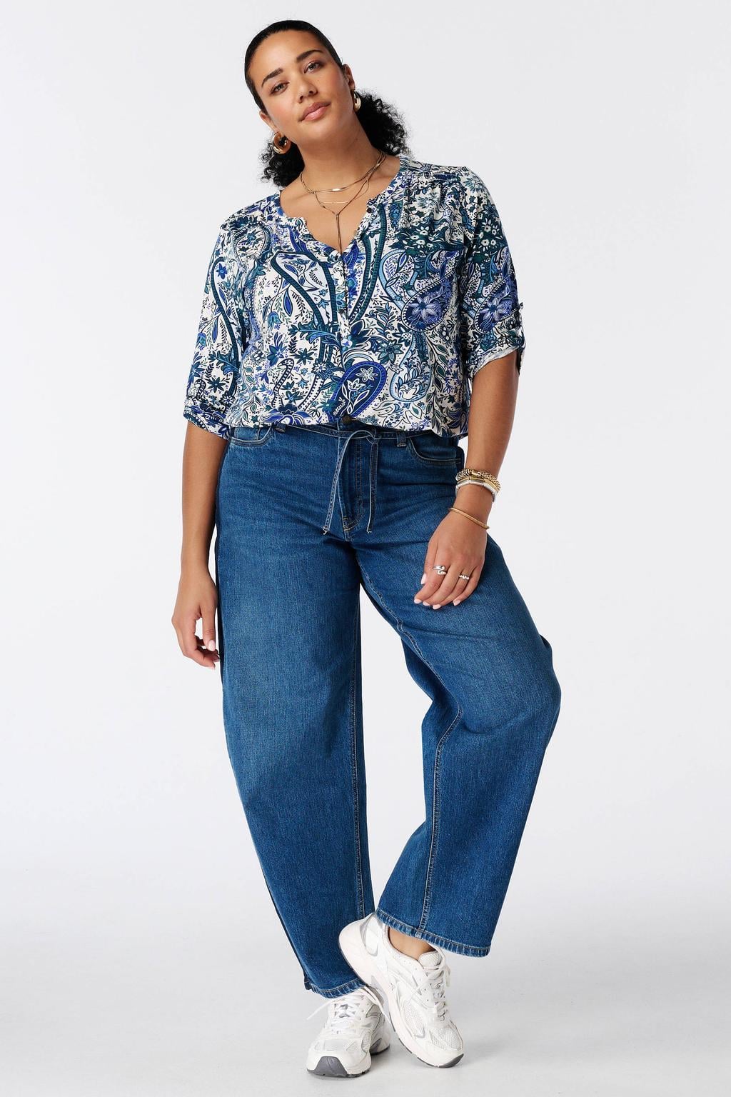 MS Mode top met print - blauw/wit