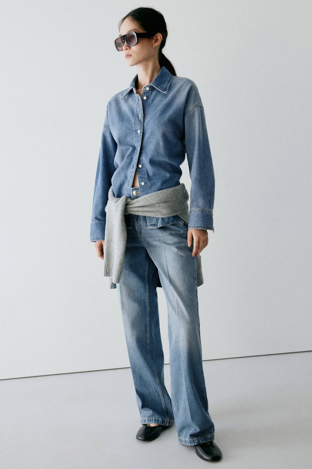 Medium blue denim dames Mango wide leg jeans van denim met high waist, rits- en knoopsluiting en effen