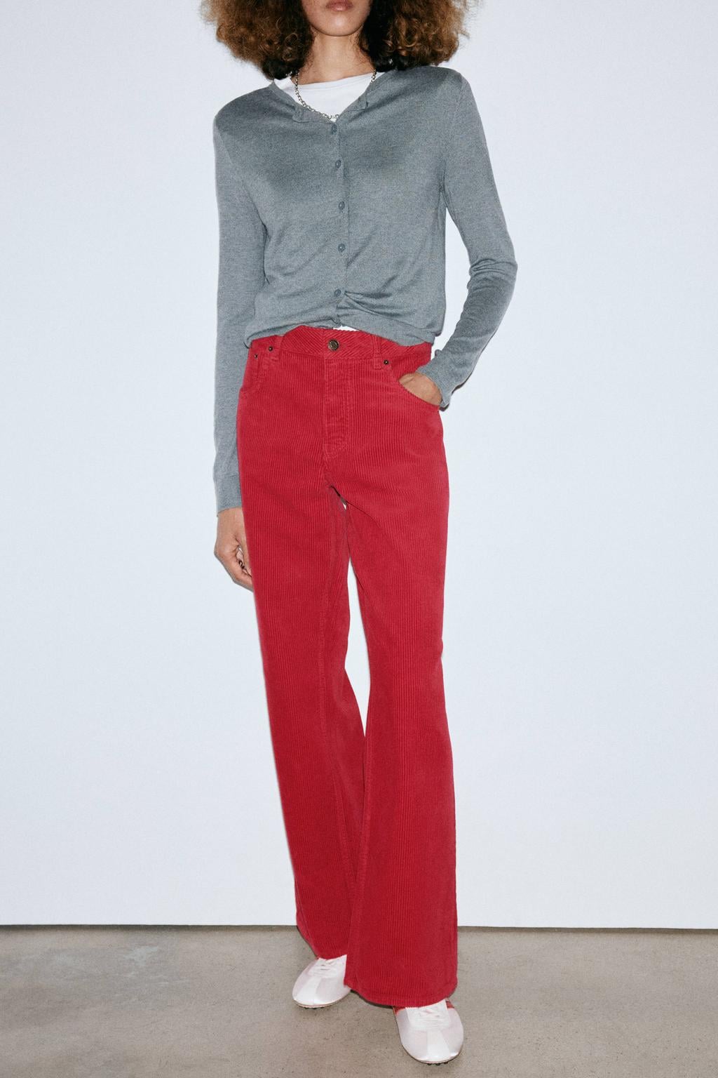 Rode dames Mango straight leg jeans van corduroy met rits- en knoopsluiting en effen
