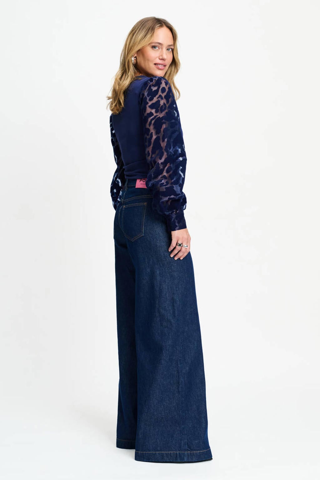 POM Amsterdam semi-transparante top met panterprint - donkerblauw