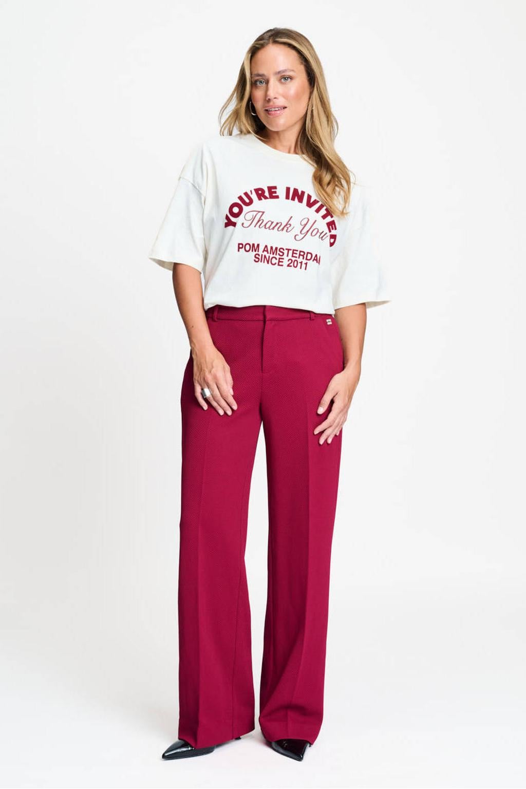 Fuchsia dames POM Amsterdam tapered broek van polyester met regular waist, rits- en haaksluiting en effen