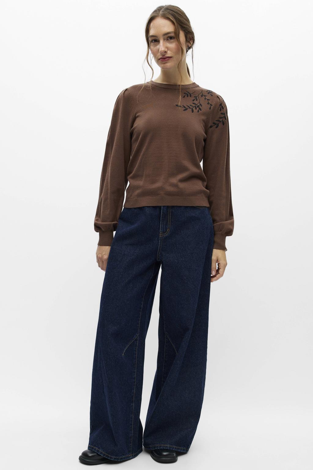 Bruine dames OBJECT rechtvallende gebreide trui van viscose met effen, lange mouwen, ronde hals en borduursels
