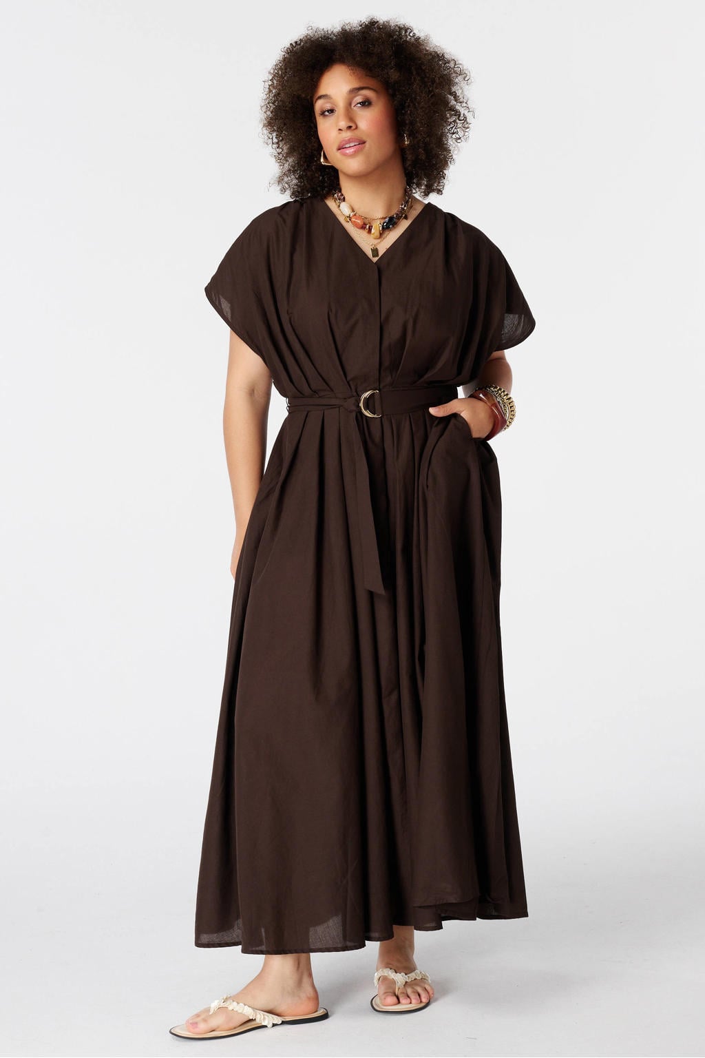 Bruine dames MS Mode Plus Size midi jurk van katoen met effen en korte mouwen