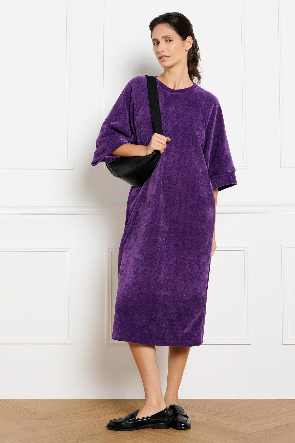 Paarse dames LOLALIZA corduroy midi jurk met effen, driekwart mouwen en ronde hals
