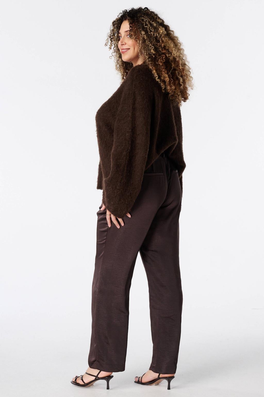 MS Mode satijnen straight leg pantalon - donkerbruin