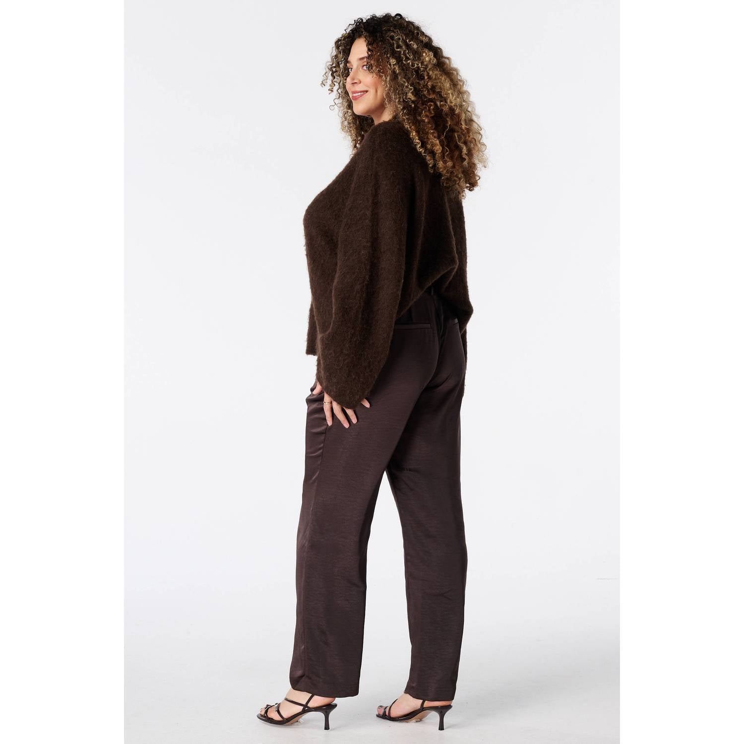 MS Mode satijnen straight leg pantalon donkerbruin