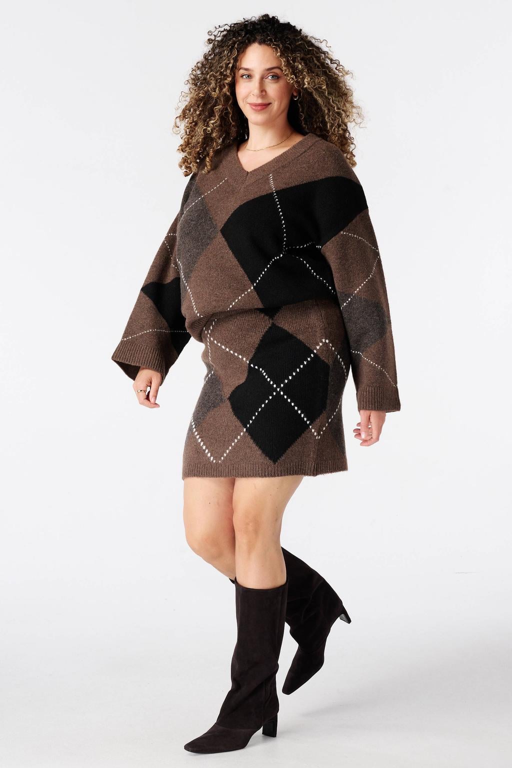 Bruin, grijs en zwarte dames MS Mode gebreide geruite trui van polyester met lange mouwen en V-hals