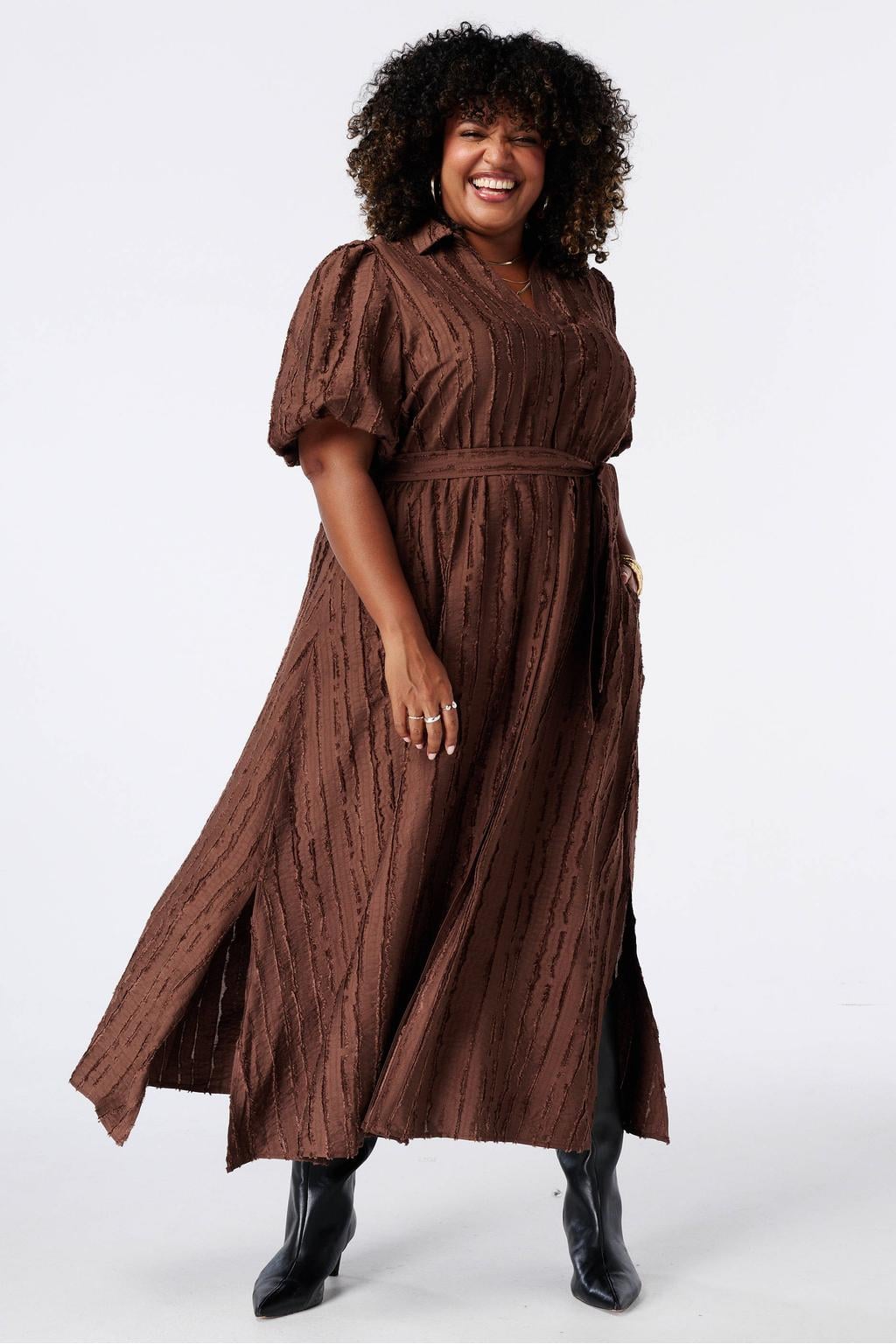 Bruine dames MS Mode midi blousejurk van viscose met effen, korte mouwen, V-hals, knoopsluiting en textuur