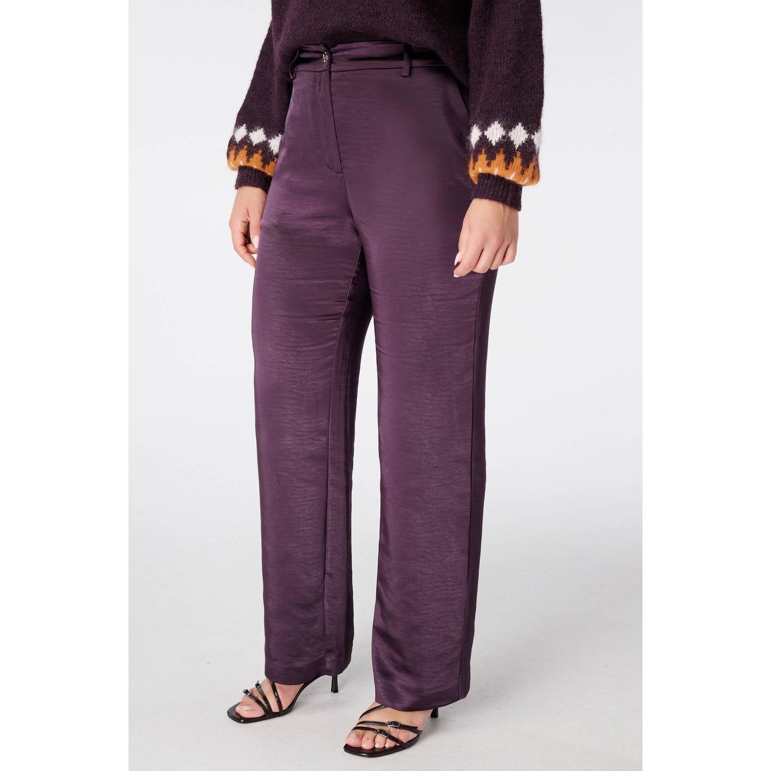 MS Mode satijnen high waist straight leg pantalon aubergine