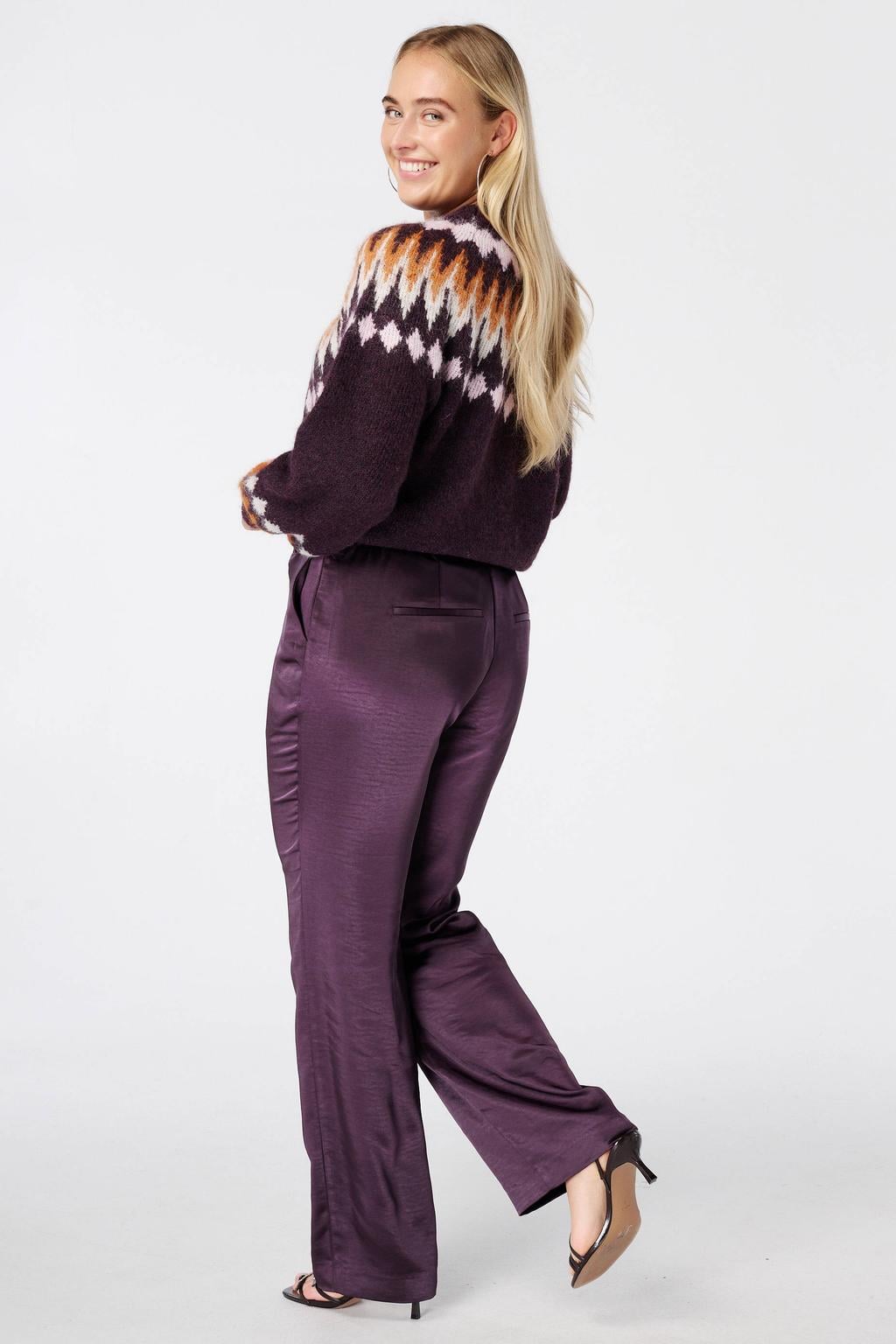 MS Mode satijnen high waist straight leg pantalon - aubergine