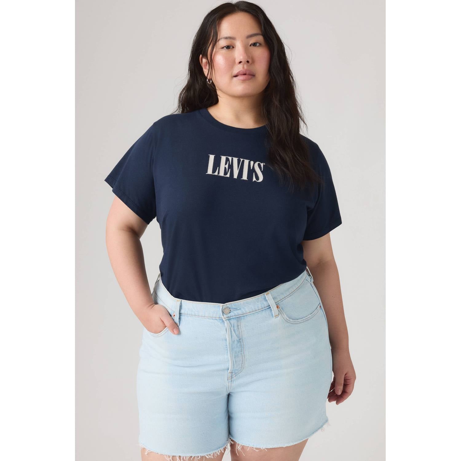Levi's Plus T-shirt met strass-steentjes en tekst donkerblauw