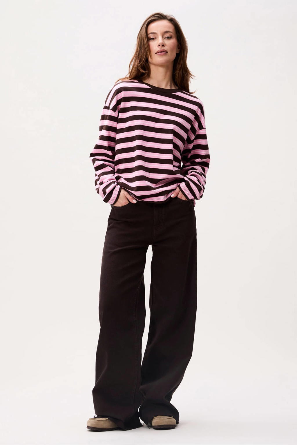 Catwalk Junkie rechtvallende gestreepte top - roze/bruin