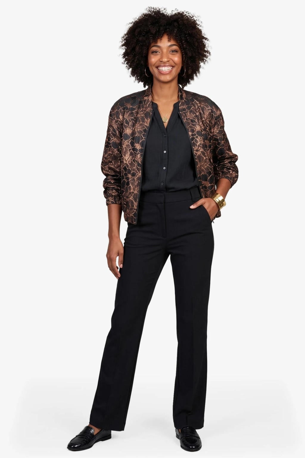 Donkerblauwe dames Didi gebloemd jacquard bomberjack van polyester met lange mouwen en opstaande kraag